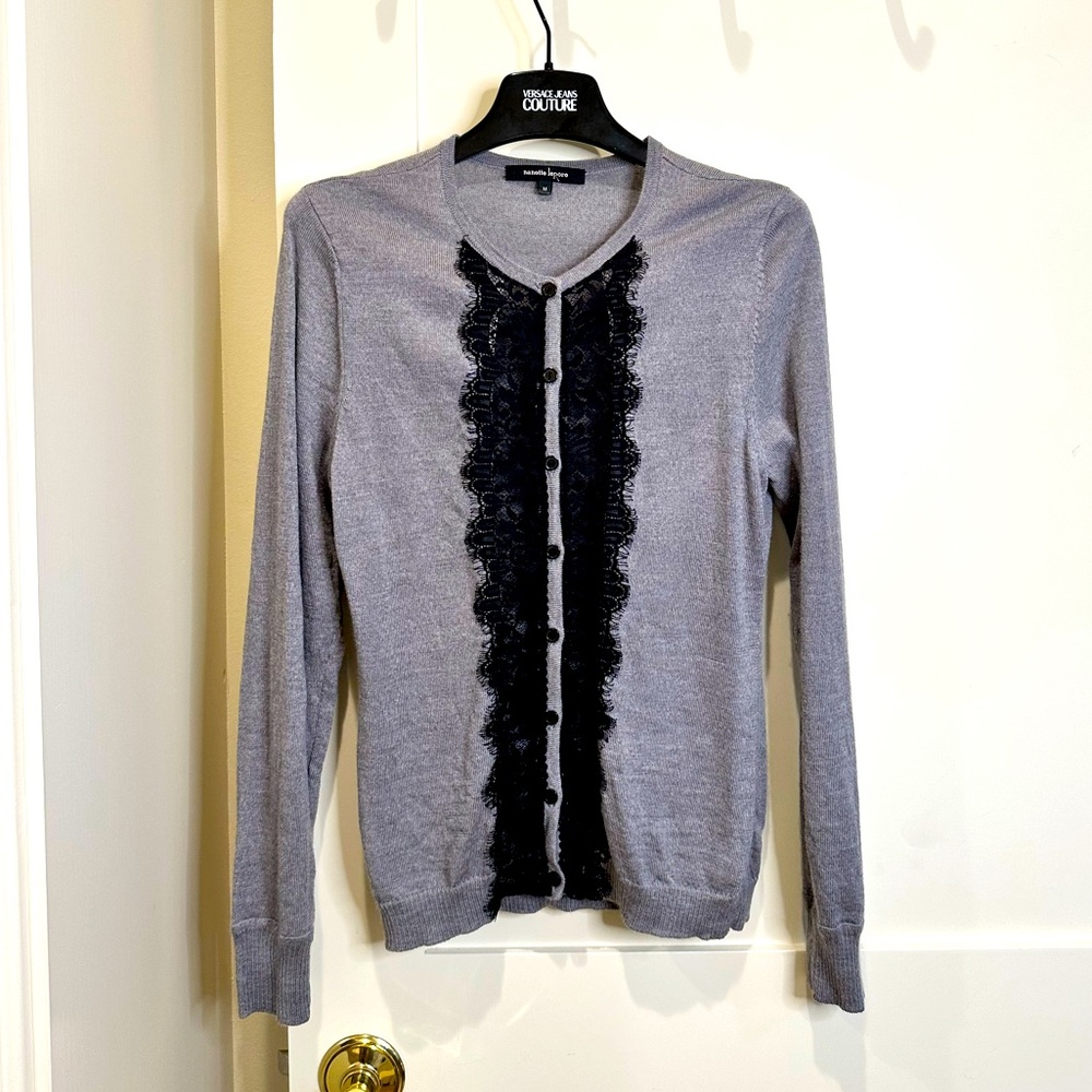 [CLEARANCE] Nanette Lenore Medium Merino Wool Grey Cardigan Lace Front Classic